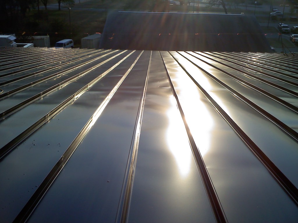 Close-up of standing seam metal roof sheeting in the sun